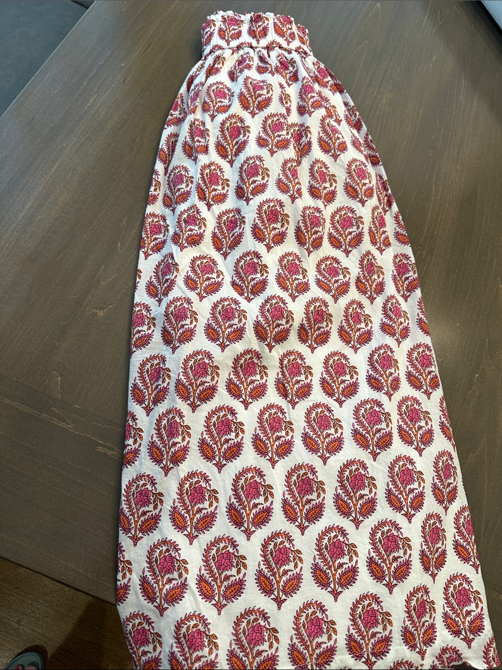 Women's White Smocked Waist Maxi Skirt with Pink Floral Print-lining and pockets